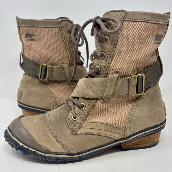 Sorel Major Carly Slimboot Lace Up Leather Buckle Tan Brown Work Boots Size 9.5 - Picture 1 of 12